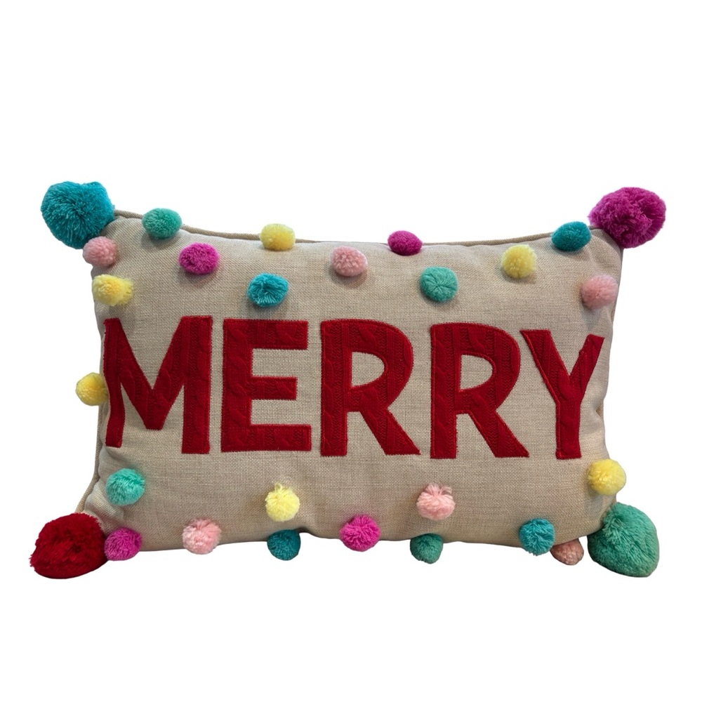 Festive 'MERRY' Holiday Pillow with‎ Colorful Pom-Poms